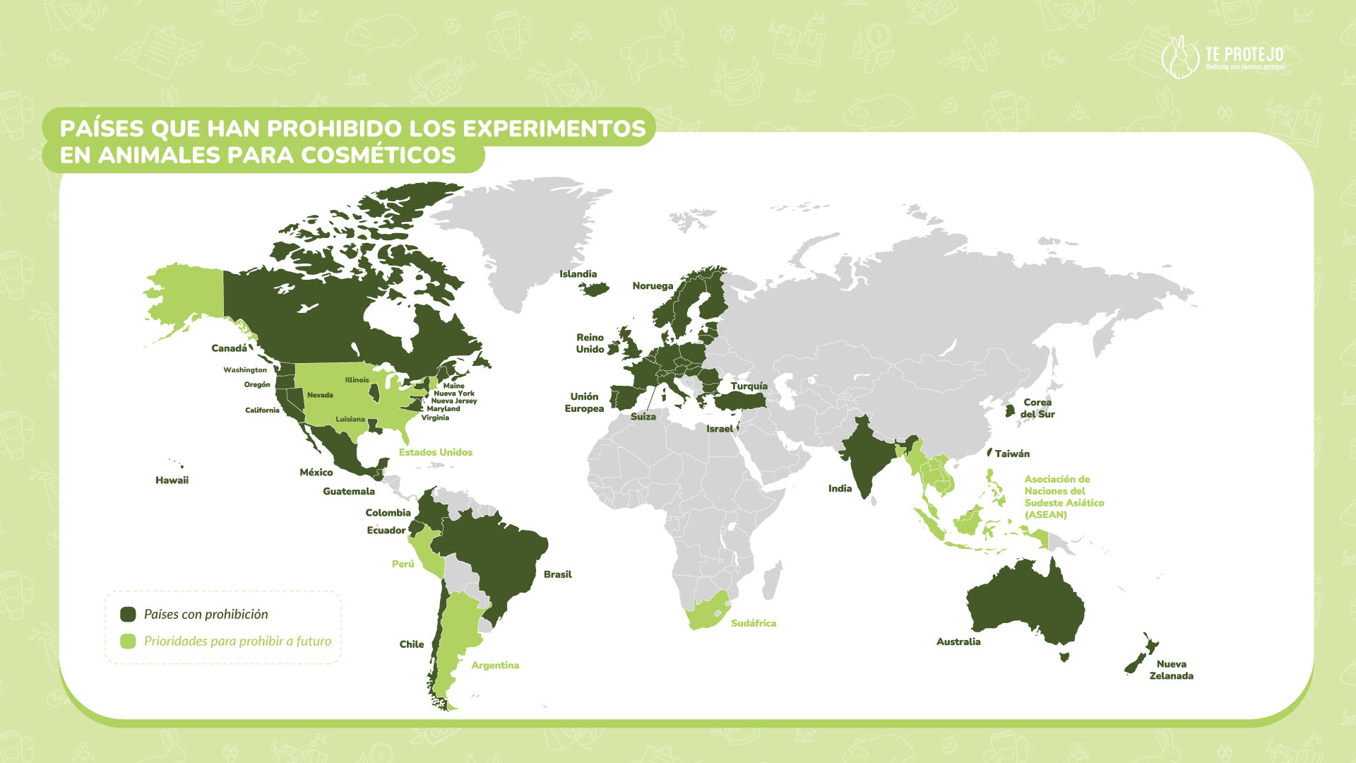 Países donde está prohibido experimentar en animales con cosméticos.