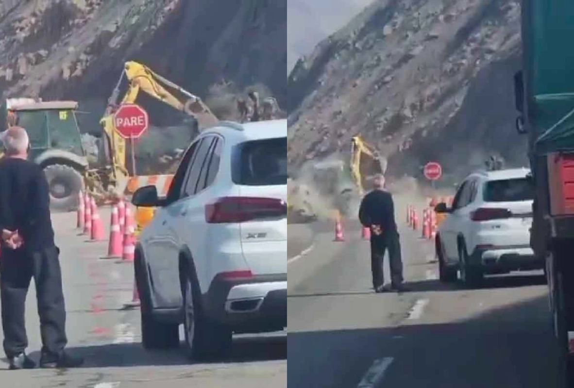VIDEO| El momento exacto en que roca de gran tamaño golpea a retroexcavadora en Cuesta Chinchorro de Arica