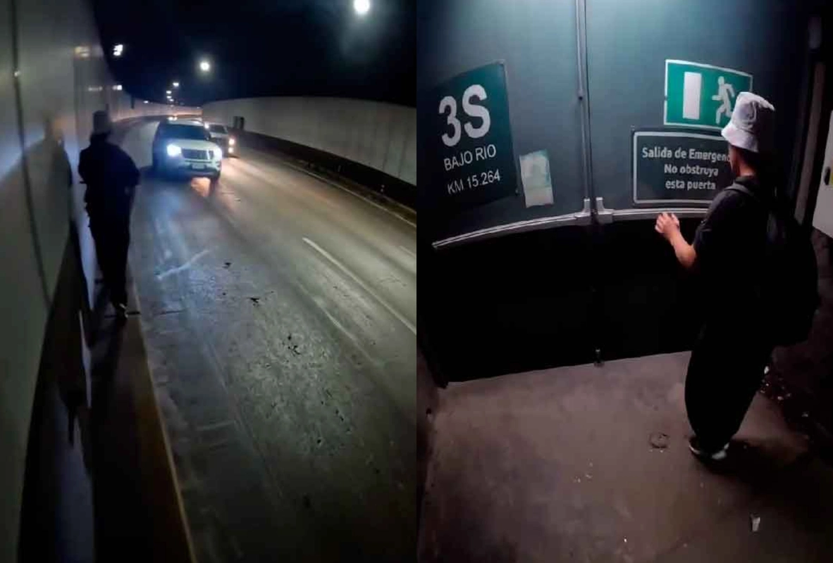 VIDEO| Irresponsable puso en peligro a muchas personas: Ingresó caminando a túnel de autopista sólo para insólita acción