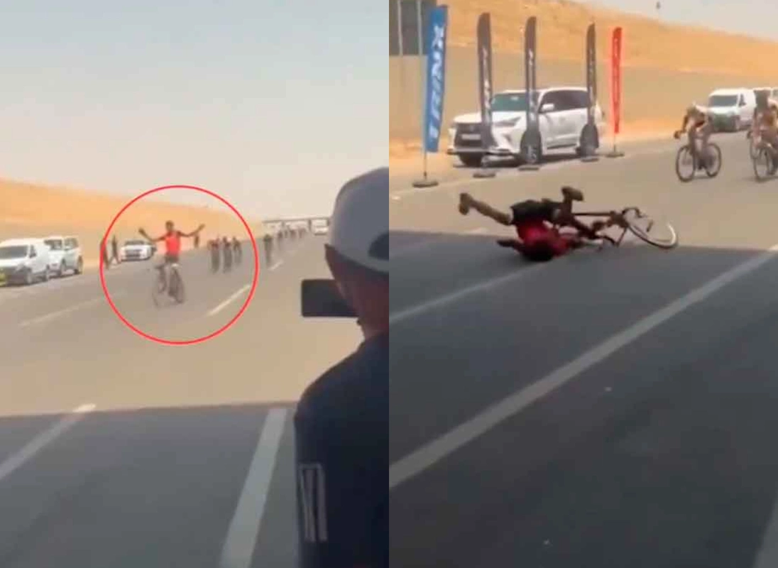 VIDEO| ¡Celebraste antes de tiempo! Ciclista se cae justo frente a la meta y es viral por perder la carrera