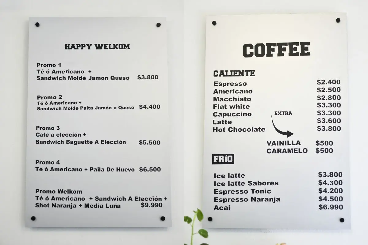 Menú en Welkome Cooffe
