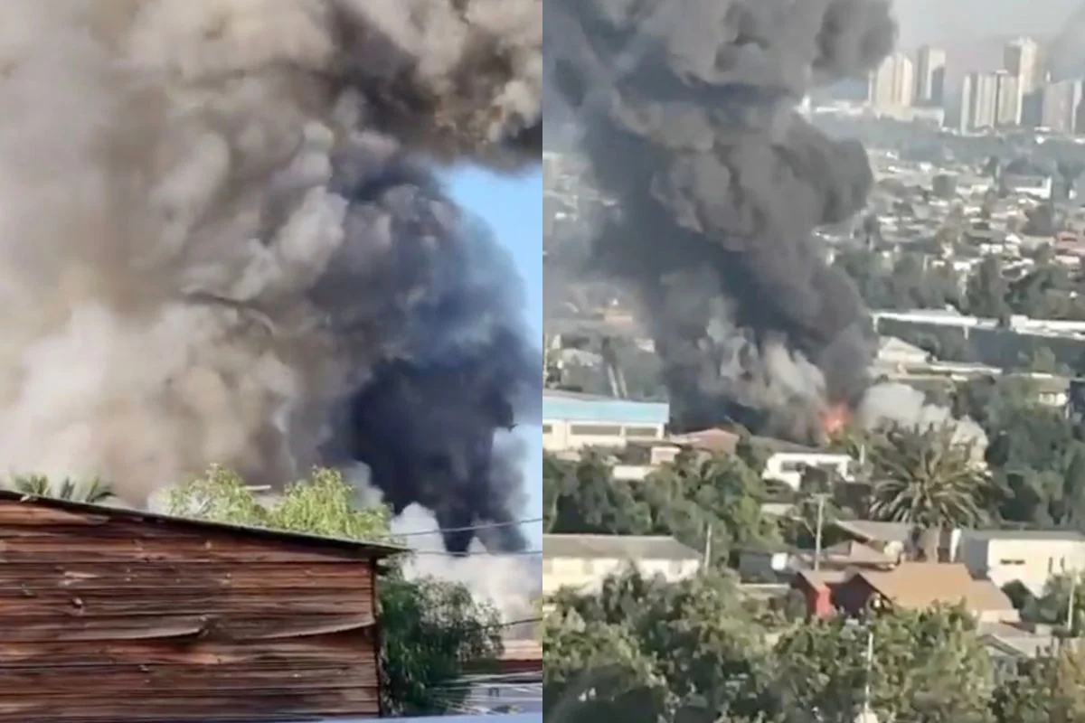 VIDEO| Voraz incendio afecta a local de neumáticos en San Miguel y Seremi de Salud alerta por nube de humo