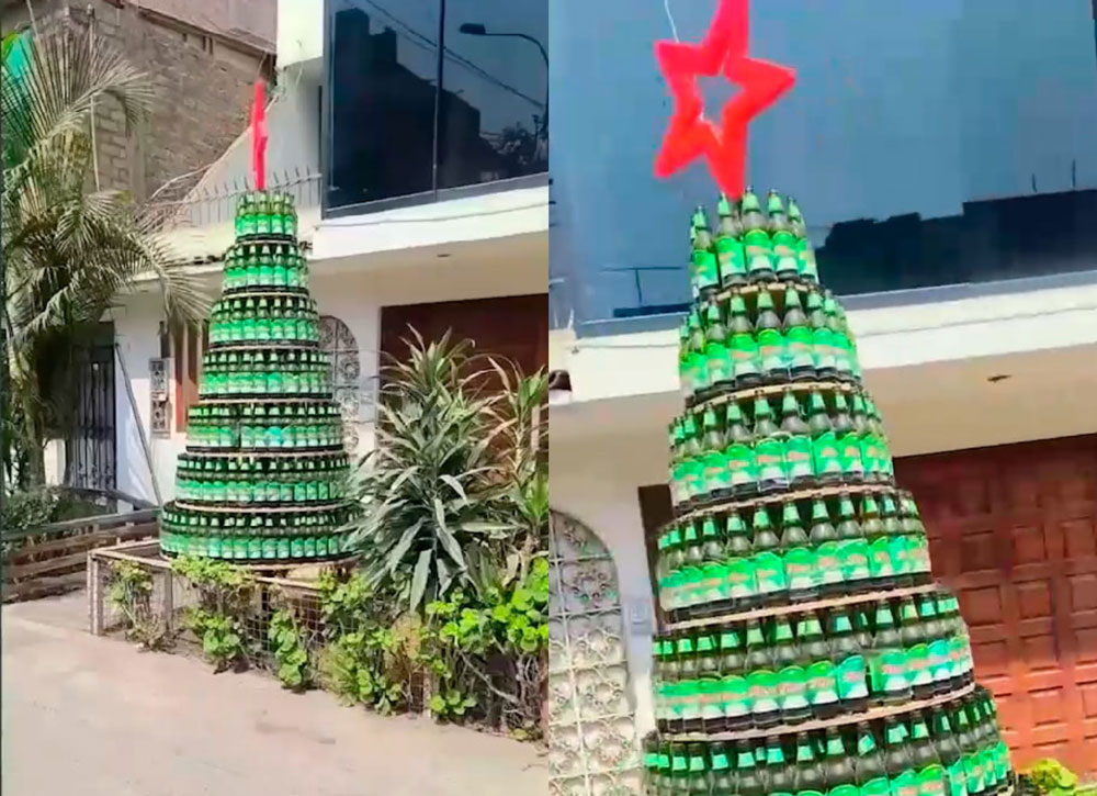 VIDEO| ¿Lo harías en casa? Familia se hace viral al hacer su arbolito de Navidad sólo con botellas de cerveza