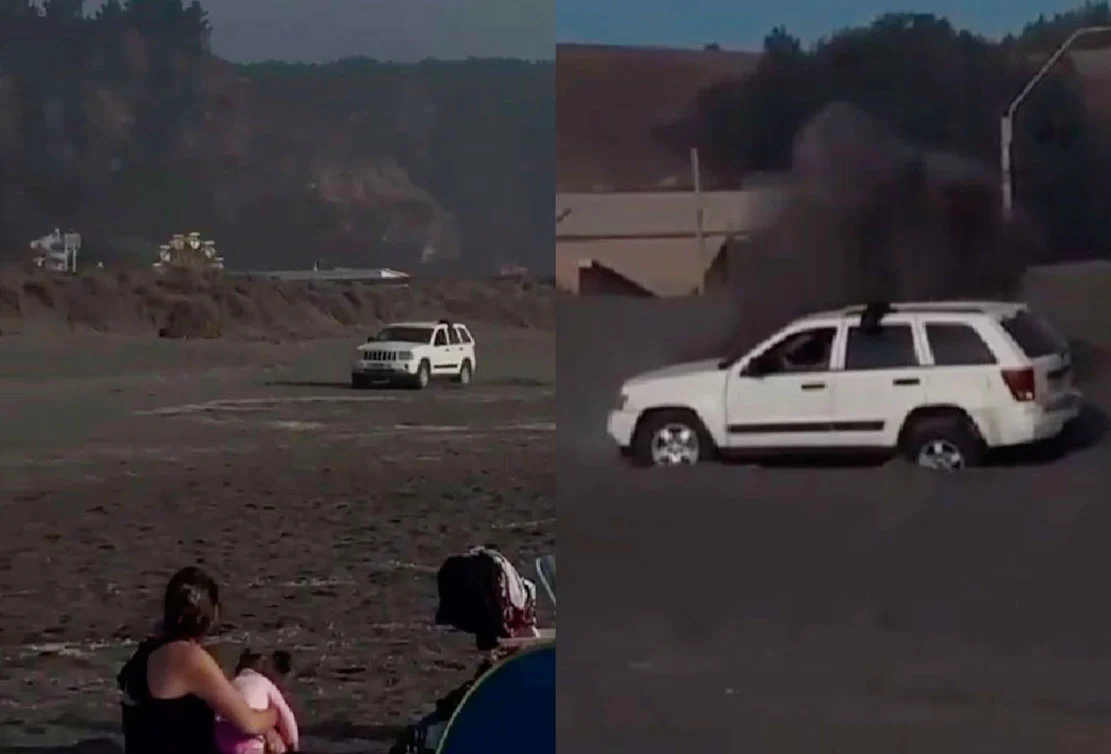 Conductor de camioneta entró a la arena en Iloca pese a advertencias: Terminó varado y troleado por turistas