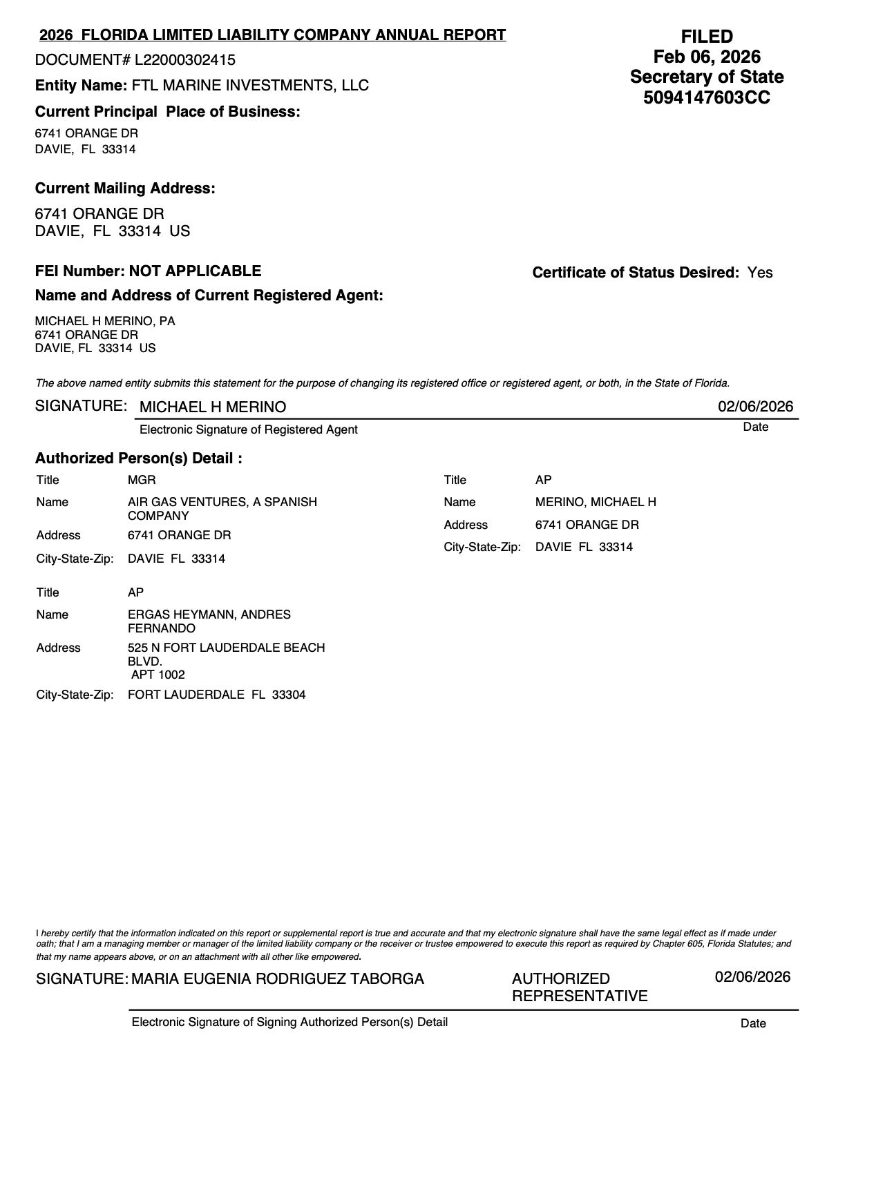 Documento contable de FL Marine Investments LLC