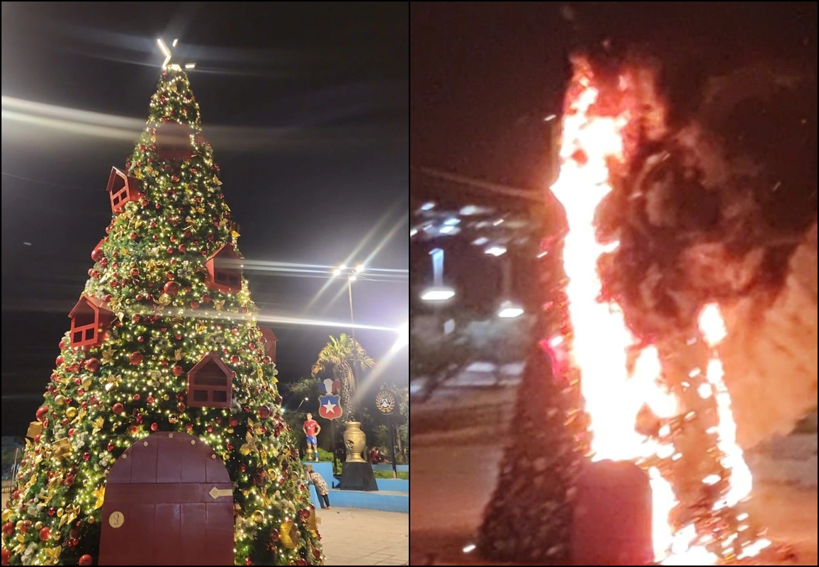 VIDEO| Fuego destruye árbol de Navidad gigante en Tocopilla: Estaba al lado de estatua de Alexis Sánchez