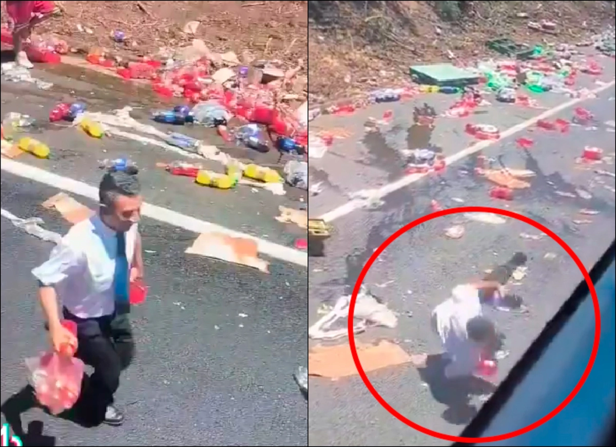 VIDEO| Viral del 2025 y van recién 4 días: Auxiliar de bus se cae por “sacar” bebidas de camión accidentado